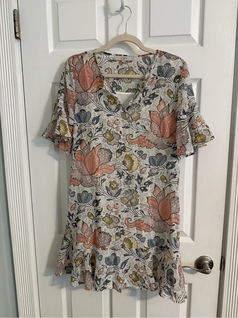LOFT Cream Floral Mini Dress with Coral and Blue Accents
